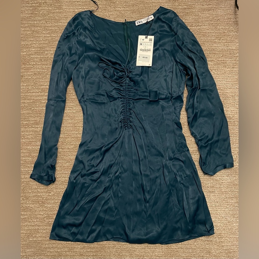 Zara Satin Effect Cut Out Dress in Duck Green - Size M